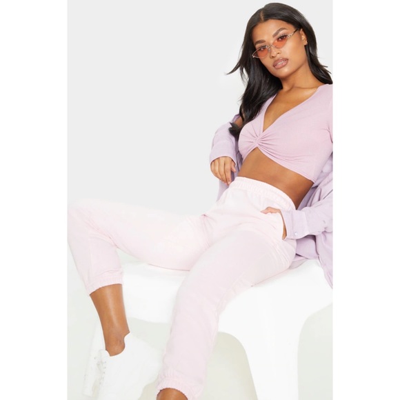 Baby Pink Rib Knot Front Short Sleeve Crop Top US0 NEW - Picture 5 of 8